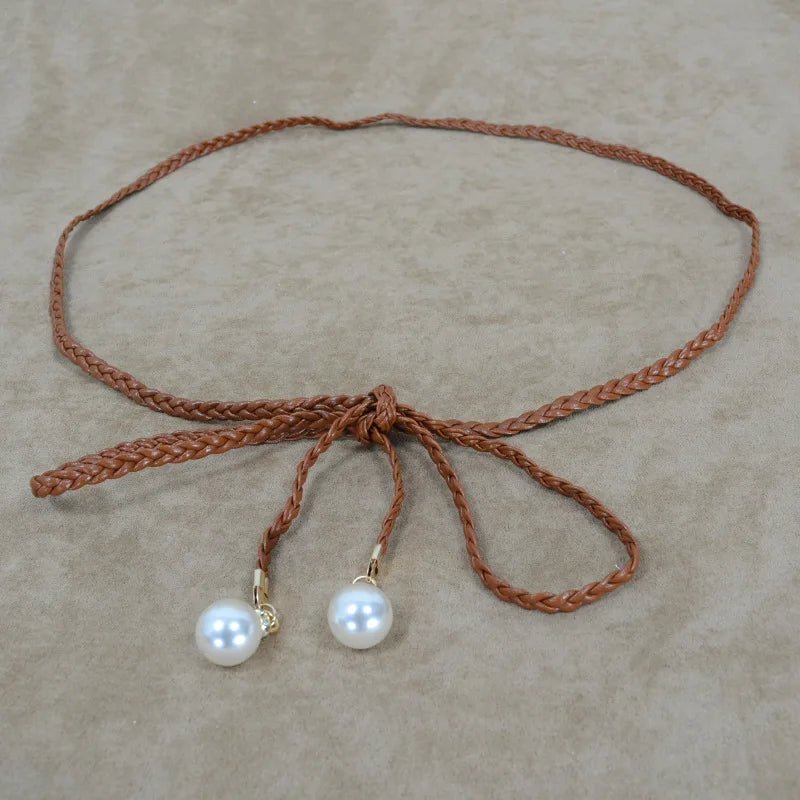 140CM Long Vintage Bohemian Knot Thin Belt Women Elegant Pearl Elastic Braided Waistband Female Summer Seaside Dress Waist Ropes - ZeeBelle.com
