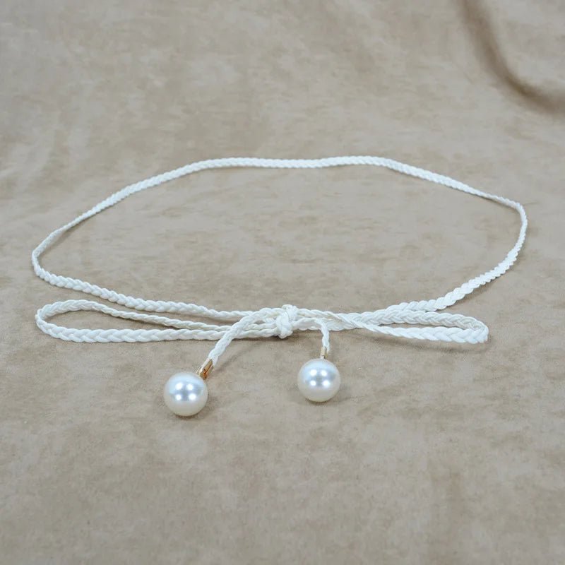 140CM Long Vintage Bohemian Knot Thin Belt Women Elegant Pearl Elastic Braided Waistband Female Summer Seaside Dress Waist Ropes - ZeeBelle.com