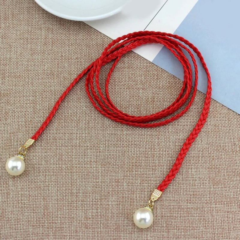 140CM Long Vintage Bohemian Knot Thin Belt Women Elegant Pearl Elastic Braided Waistband Female Summer Seaside Dress Waist Ropes - ZeeBelle.com