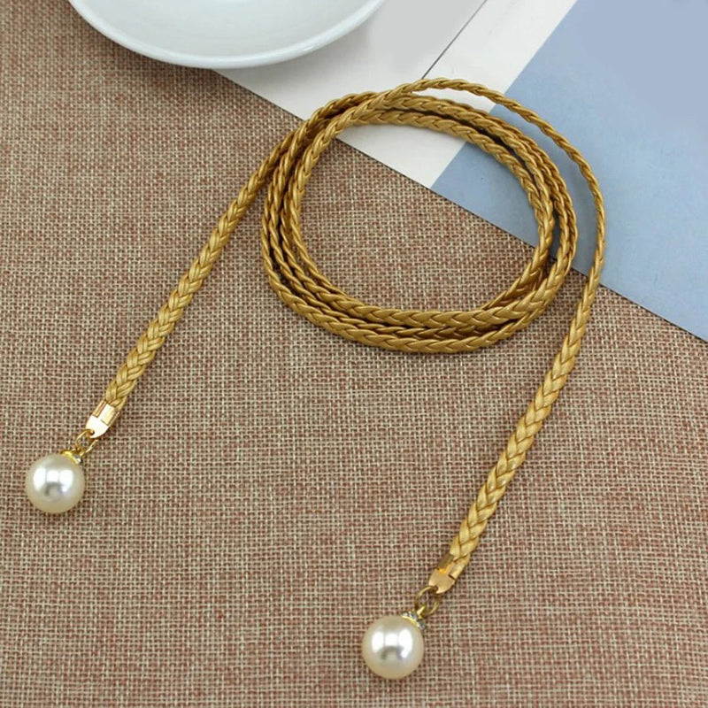 140CM Long Vintage Bohemian Knot Thin Belt Women Elegant Pearl Elastic Braided Waistband Female Summer Seaside Dress Waist Ropes - ZeeBelle.com