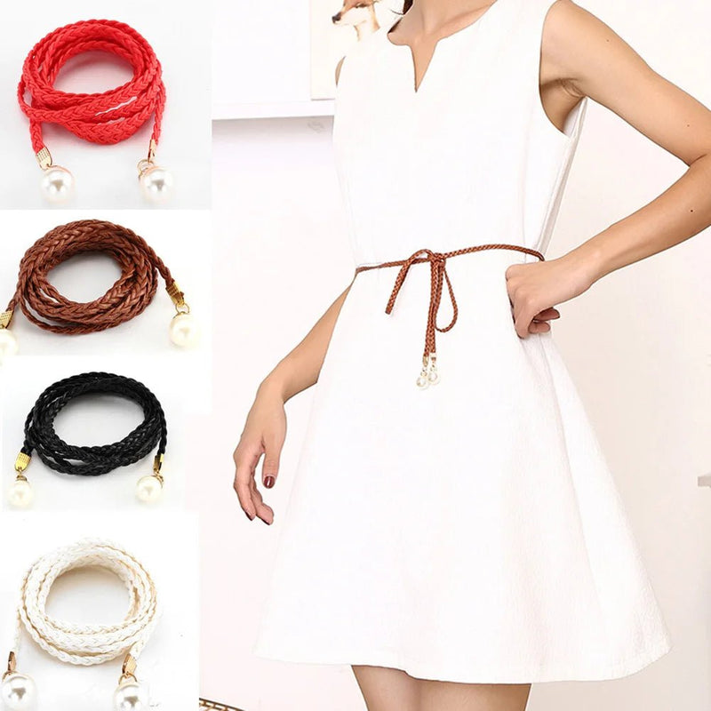 140CM Long Vintage Bohemian Knot Thin Belt Women Elegant Pearl Elastic Braided Waistband Female Summer Seaside Dress Waist Ropes - ZeeBelle.com