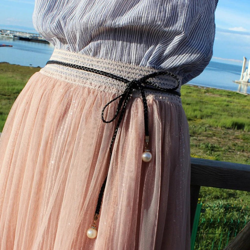 140CM Long Vintage Bohemian Knot Thin Belt Women Elegant Pearl Elastic Braided Waistband Female Summer Seaside Dress Waist Ropes - ZeeBelle.com