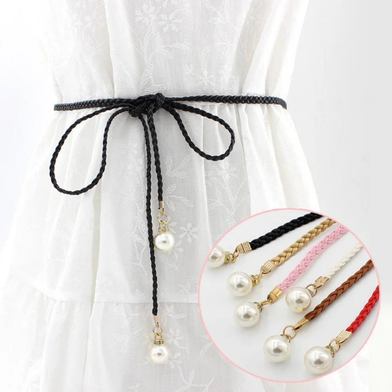 140CM Long Vintage Bohemian Knot Thin Belt Women Elegant Pearl Elastic Braided Waistband Female Summer Seaside Dress Waist Ropes - ZeeBelle.com