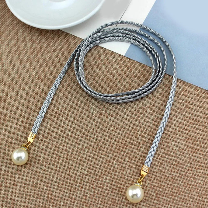 140CM Long Vintage Bohemian Knot Thin Belt Women Elegant Pearl Elastic Braided Waistband Female Summer Seaside Dress Waist Ropes - ZeeBelle.com