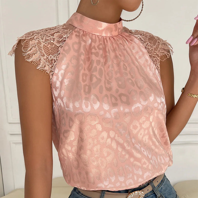 Leisure Solid Pink Shirts Pullover Stand Collar Top Lady Loose Sleeveless Sexy Lace Shirt Womens Blouses Summer Blusas Mujer