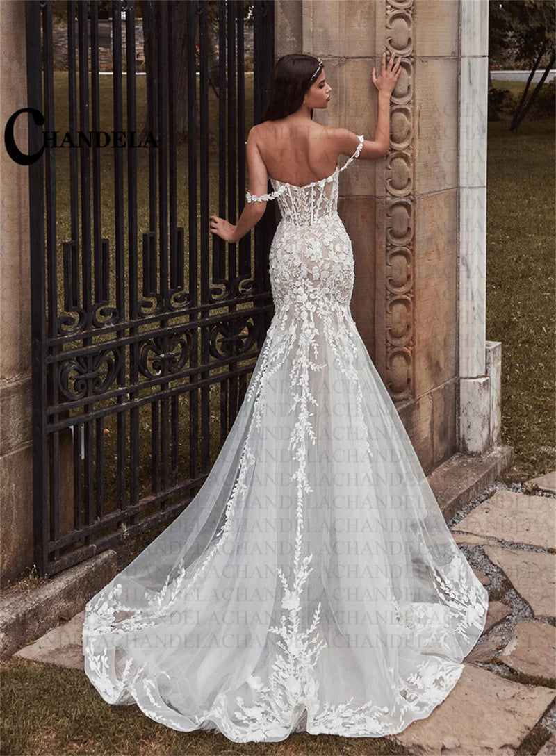 CHANDELA Charming Wedding Dresses Scoop Spaghetti Straps Trumpet Appliques Bridal Gown Robe De Mariée For Women Custom Made