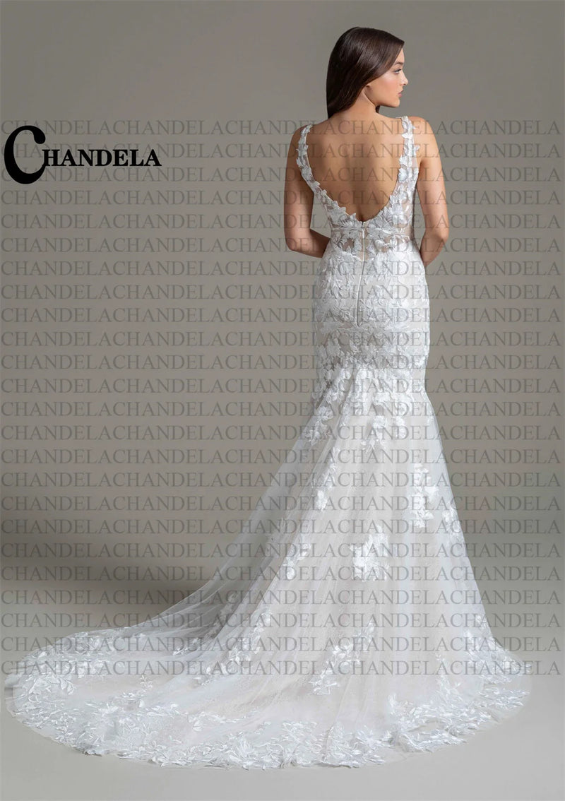 CHANDELA Charming Trumpet Wedding Dresses Sleeveless Scoop Pleat Appliques Bridal Gown Vestido De Casamento Customised For Women