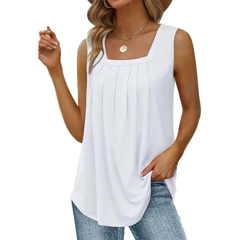 Beach Woman Shirt Sleeveless Square Neck Dolphin Hem Summer Casual Tank Tops Basic Breathable Seaside Vacation Female Vest