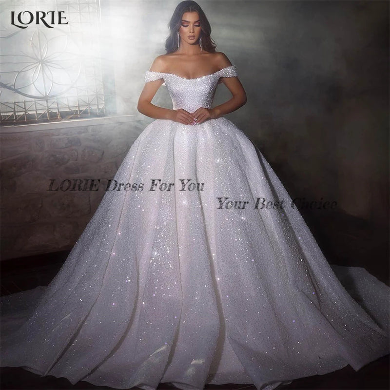 LORIE Solid Glitter Wedding Dresses Sparkly Off Shoulder A-Line Shiny Pleated Bridal Gowns Shiny Princess Bride Dress Plus Size