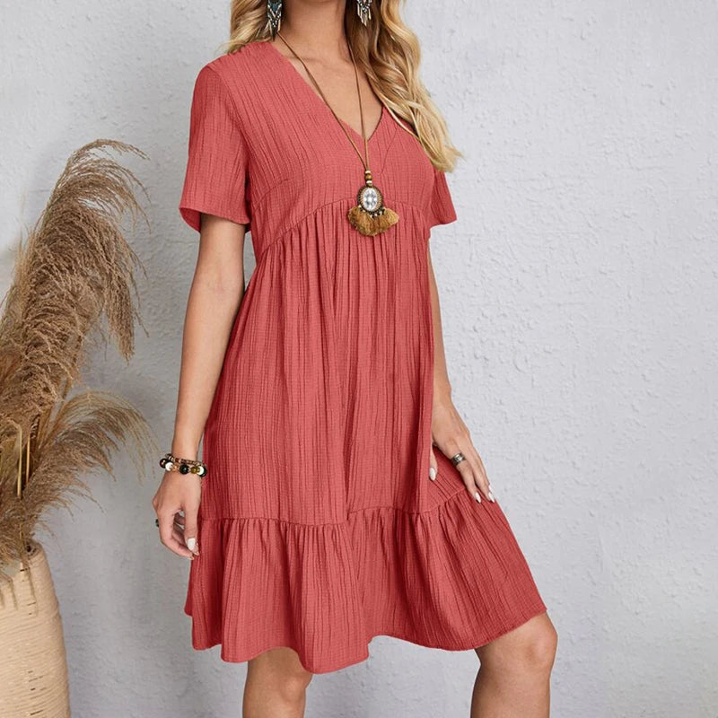 Summer Solid Dress Women Casual Bohemian V Neck Short Sleeve Ruffles Loose A Line Mini Dress Elegant Beach Party Vestidos Street