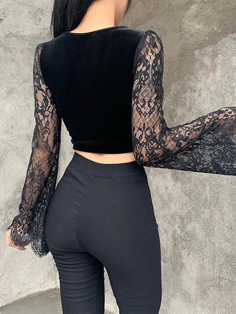 InsGoth Gothic Sexy V Neck Lace Black Tops Harajuku Vintage Velvet Bodycon Crop Top Women Autumn Transparent Long Sleeve Tops