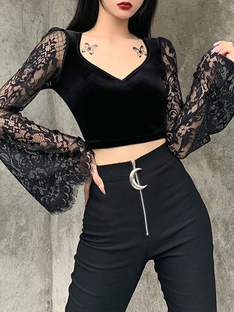 InsGoth Gothic Sexy V Neck Lace Black Tops Harajuku Vintage Velvet Bodycon Crop Top Women Autumn Transparent Long Sleeve Tops