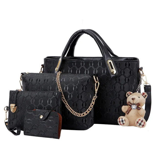 4Pcs Set Elegant Ladies Bear Pendant Handbag Shoulder Bag Girls Fashionable PU Leather Casual Messenger Tote Bag