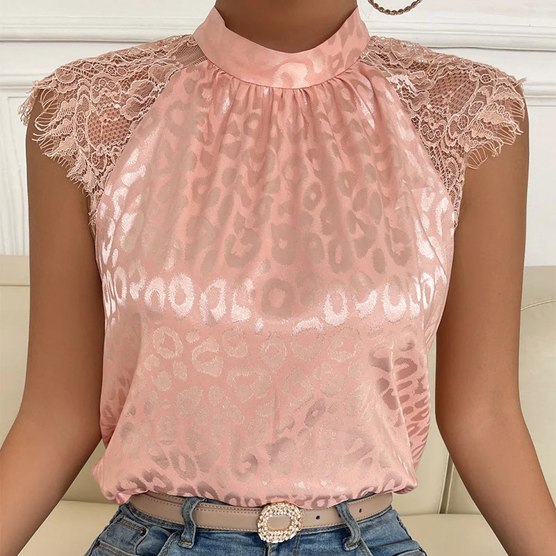 Leisure Solid Pink Shirts Pullover Stand Collar Top Lady Loose Sleeveless Sexy Lace Shirt Womens Blouses Summer Blusas Mujer