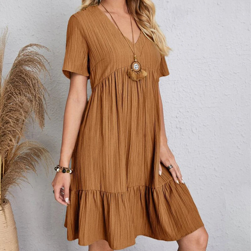 Summer Solid Dress Women Casual Bohemian V Neck Short Sleeve Ruffles Loose A Line Mini Dress Elegant Beach Party Vestidos Street