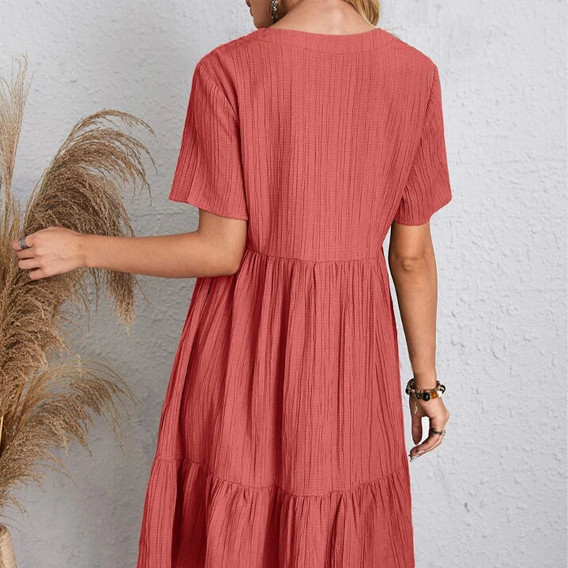 Summer Solid Dress Women Casual Bohemian V Neck Short Sleeve Ruffles Loose A Line Mini Dress Elegant Beach Party Vestidos Street