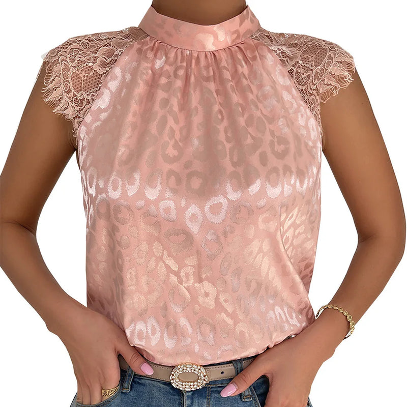 Leisure Solid Pink Shirts Pullover Stand Collar Top Lady Loose Sleeveless Sexy Lace Shirt Womens Blouses Summer Blusas Mujer