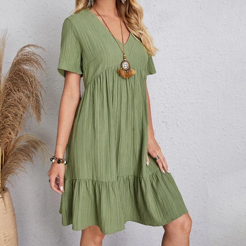 Summer Solid Dress Women Casual Bohemian V Neck Short Sleeve Ruffles Loose A Line Mini Dress Elegant Beach Party Vestidos Street