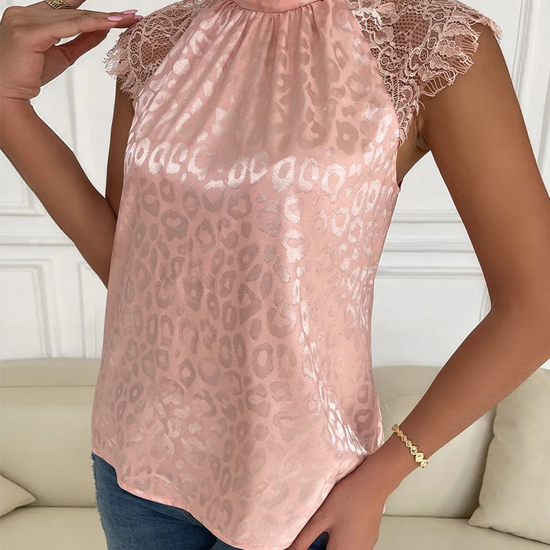 Leisure Solid Pink Shirts Pullover Stand Collar Top Lady Loose Sleeveless Sexy Lace Shirt Womens Blouses Summer Blusas Mujer