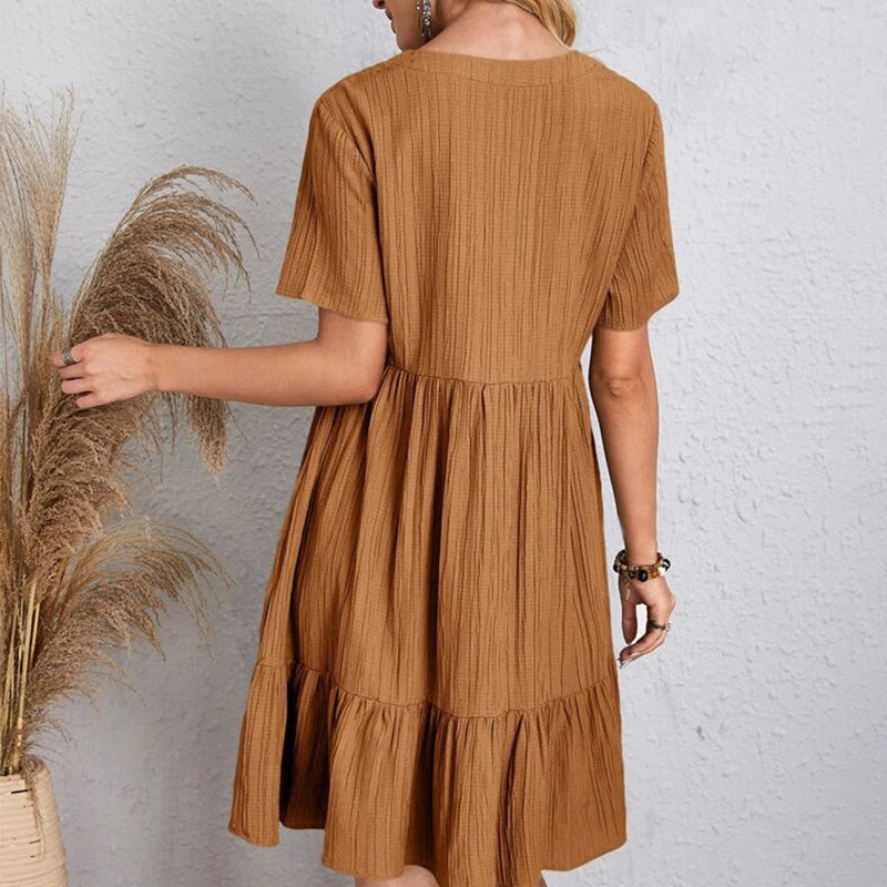 Summer Solid Dress Women Casual Bohemian V Neck Short Sleeve Ruffles Loose A Line Mini Dress Elegant Beach Party Vestidos Street