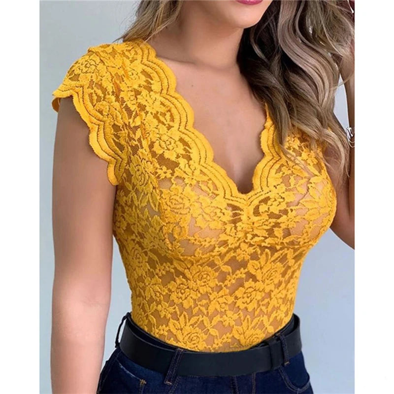 New Women Slim Tunic Lace V Neck T-shirt 2023 Sexy Elegant Summer Short Sleeve T Shirt Lace Flower Tops T-shirts