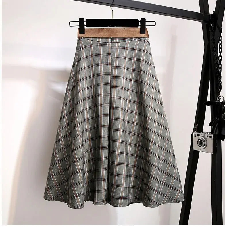 With Belt Tartan Skirt Women's Vintage Long High-Waist A- line Dress Woman Skirts Mujer Faldas Saias Mulher