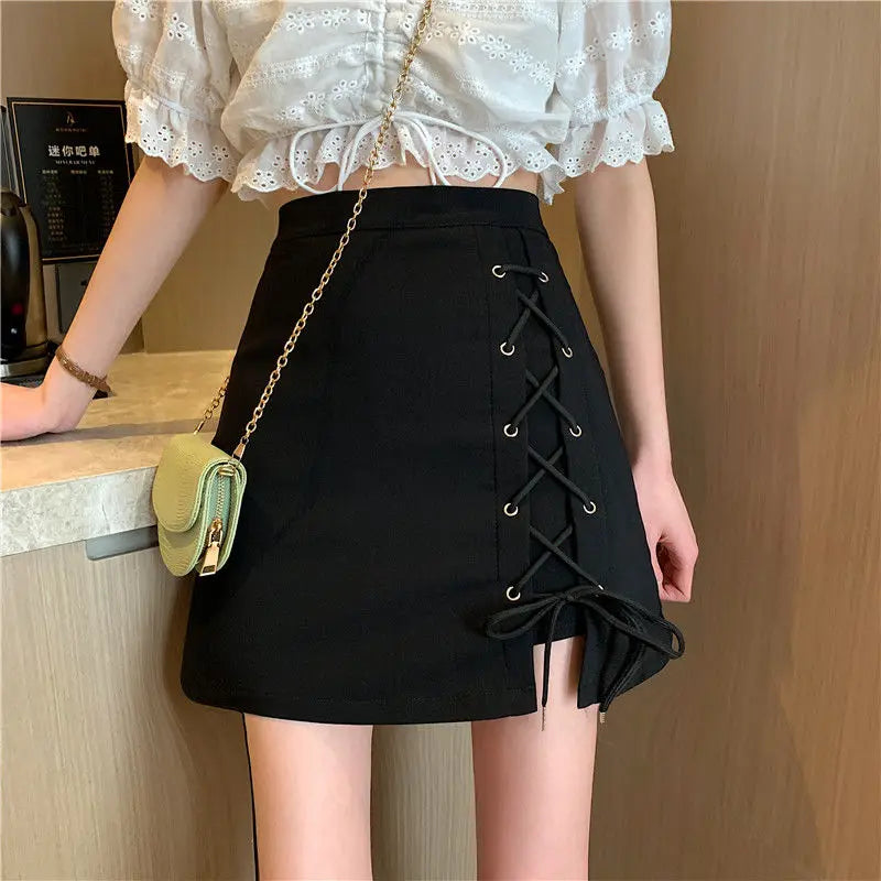Skirts Women Summer A-line Mini Lace-up High-waist Black Sweet Womens Elegant All-match Korean-style Simple Trendy Asymmetrical
