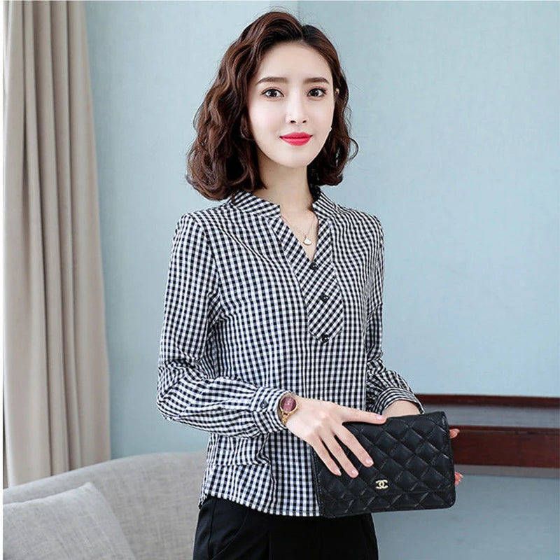 Women's Spring Autumn Style Cotton Blouses Shirt Women's Plaid V-Neck Button Long Sleeve Korean Loose Tops DD9099