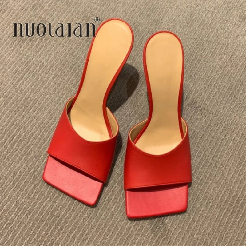 2020 New Arrivals Women Fashion Slippers High Heels Sandals Slides Square Toe Slip On Square Toe Mules Shoes Woman Summer Slides