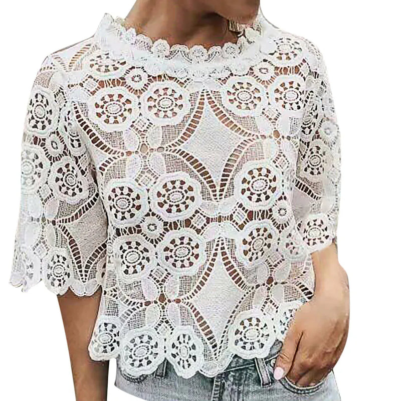 O-Neck White Womens Blouse Vintage Hollow Out Flower Female Ladies Tops Casual Lace Short Sleeve Blouse Shirts Blusas Mujer