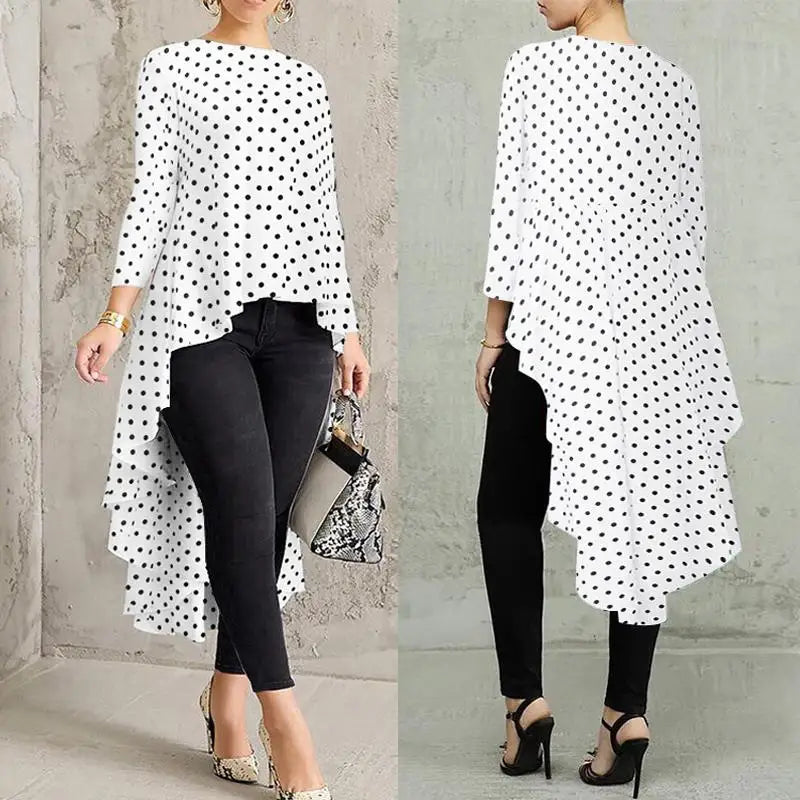 Stylish Printed Asymmetrical Tunic Women's Polka Dot Blouse ZANZEA Spring Long Sleeve Shirts Female Pleated Tops Oversized