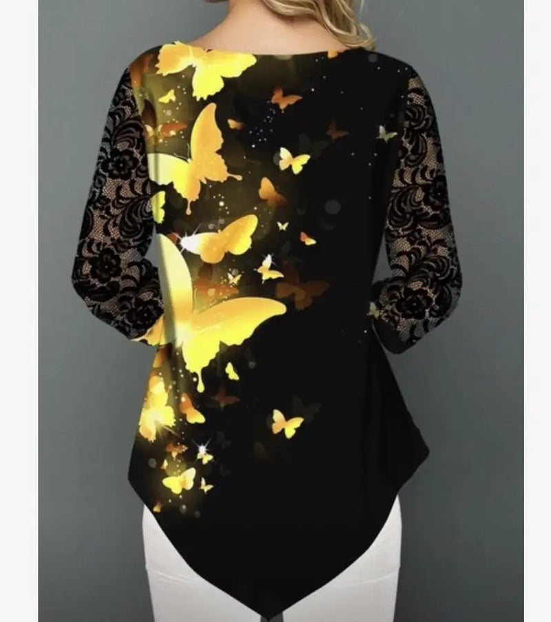 Shirt Blouse Women Plus size 5XL Fashion New Spring Summer print Black Tops 3/4 Lace Sleeve Elasticity Female Shirt Casual