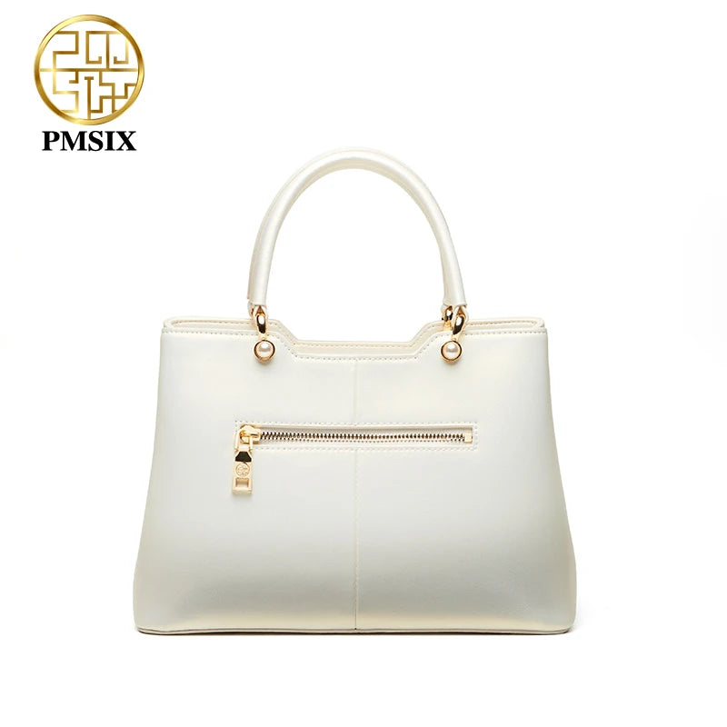 PMSIX luxury White Leather Handbags For Women  Elegant Embroidered Ladies' Designer Shoulder Bag  Simple Messenger Bags 2021
