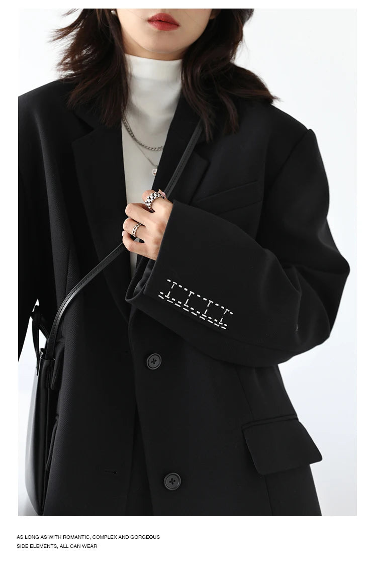 CHICVEN  Women Office Lady Blazer Cuff Embroidery Wide Shoulder Twill Suit Women's Autumn Ladies Outerwear  Stylish Tops