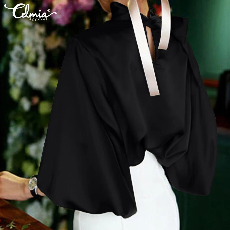 Celmia Satin Silk Blouses Women Fashion Luxury Tops 2023 Autumn Elegant Lantern Sleeve Belted Shirts Casual Bow Tie Party Blusas