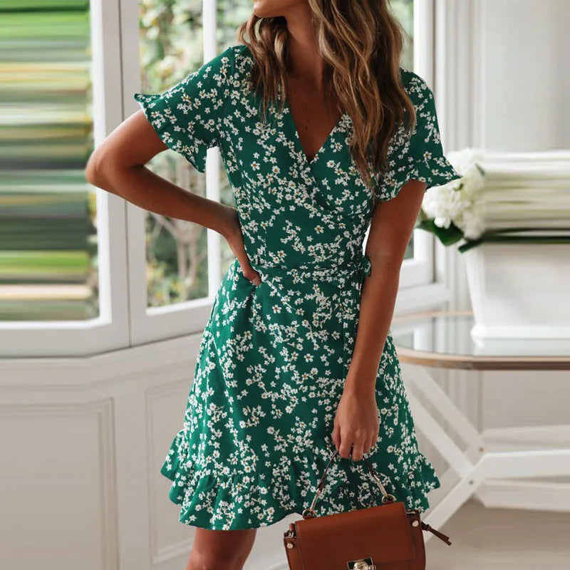 Women Dresses Summer 2024 Sexy V Neck Floral Print Boho Beach Dress Ruffle Short Sleeve A Line Mini Dress Wrap Sundress Robe