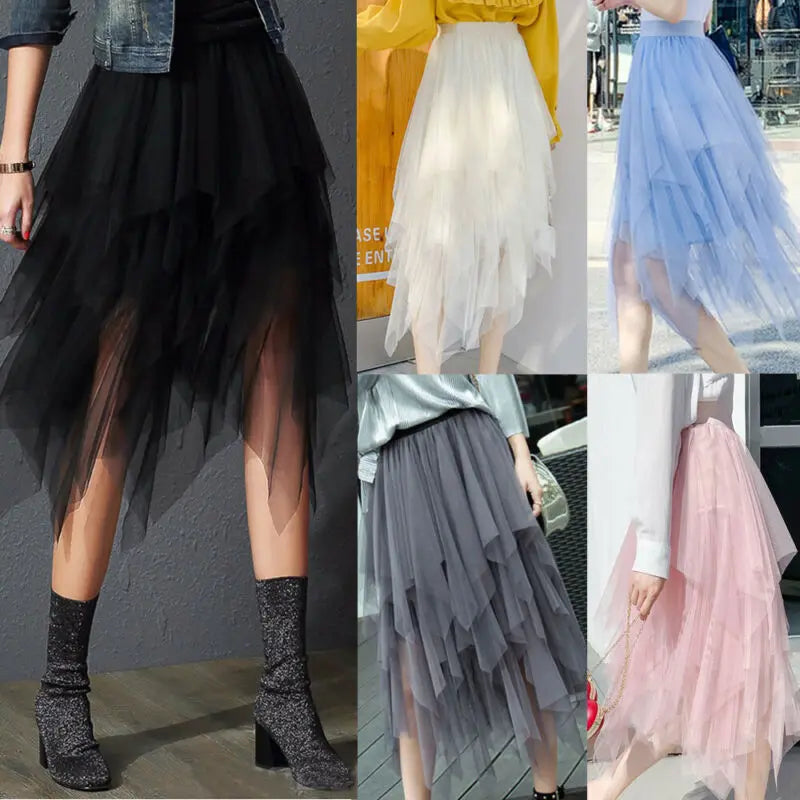 2021 Newest Hot Women's Tulle Skirt Elastic High Waist Underskirt Ballet Irregular Pleated Maxi Skirt Sheer Tutu Tulle Skirts
