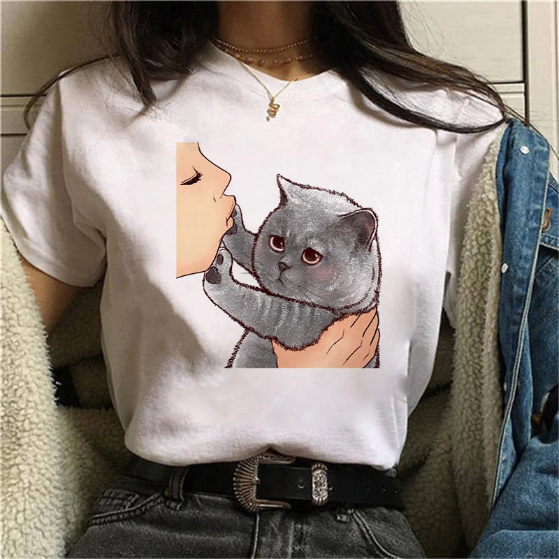 2021 Summer Women T-shirt Kiss a cute cat Printed Tshirts Casual Tops Tee Harajuku 90s Vintage White tshirt Female Clothing