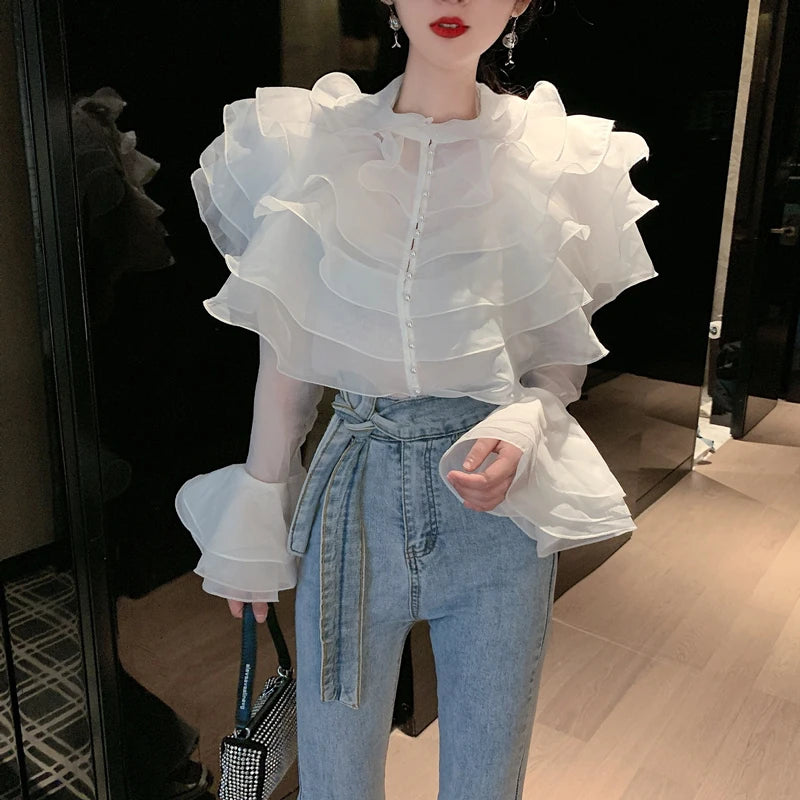 New France Autumn Women's Layer Ruffles Solid Top Fashion Female Flare Sleeve Patchwork Elegant Perspective Chic Blouses Shirts