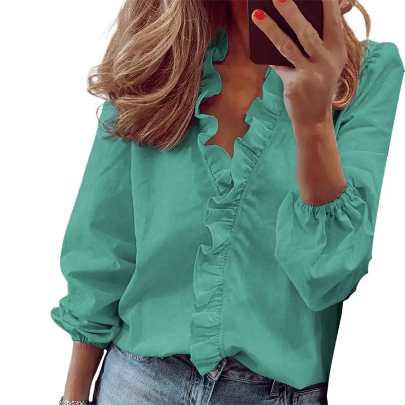 Women Shirt Ruffle Stitching Elastic Cuff Sexy V Neck Long Sleeves Ladies Pullover Streetwear Casual Solid Color Blouses