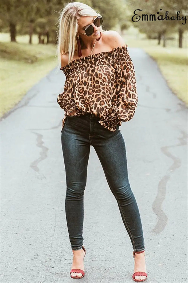 Sexy Leopard Fashion Women's Off Shoulder Tops Long Sleeve Shirt Print T-shirt Femininas Elegante Femme 2020 New arrival