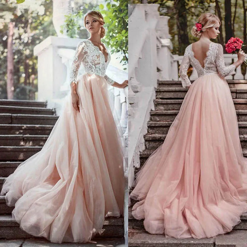 Long Sleeves Pink Wedding Dresses V Neck Lace Appliques Sweep Train A Line Open Back Bridal Gowns Married Vestidos de Noivas