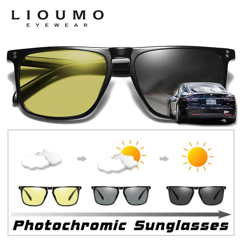 Brand Rivet Square Photochromic Sunglasses Men Polarized Women Driving Sun Glasses Day Night Vision Anti-Glare zonnebril heren