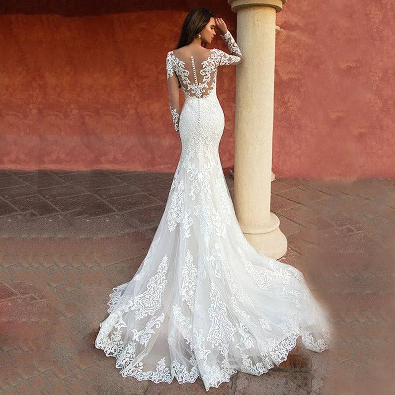 Custom Made Lace Mermaid Wedding Dresses Long Sleeve White Wedding Gown Sexy Vintage 2022 Bride Dress Robe de mariage