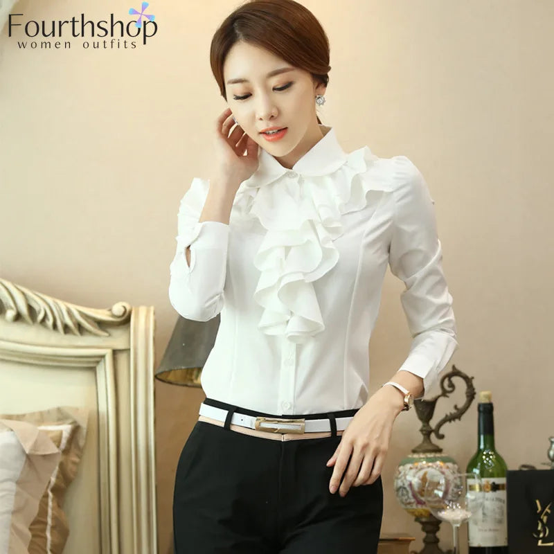 2021 Autumn Fashion Ruffles Design Long Sleeve White Blouse Shirt Female Office Lady Work Formal Shirts and Tops Women XXL
