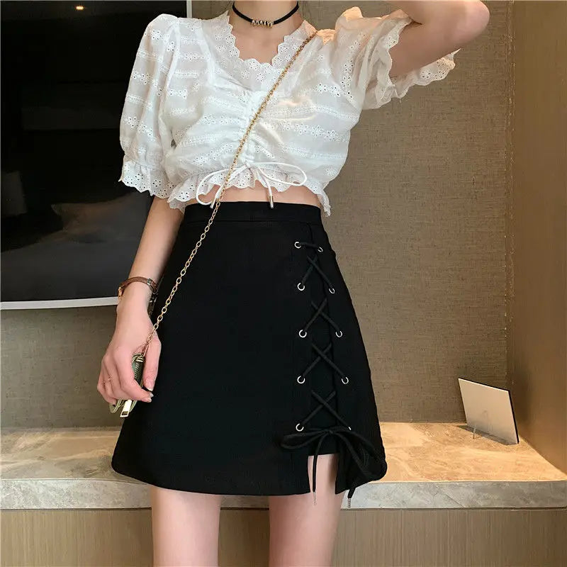 Skirts Women Summer A-line Mini Lace-up High-waist Black Sweet Womens Elegant All-match Korean-style Simple Trendy Asymmetrical
