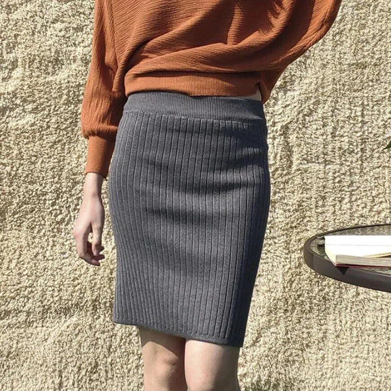 2022 Women's Spring Pencil Knitted Skirt High Waist Warm Elegant Knitting Ribbed Party Skirt Black Solid Ladies Office Skirts