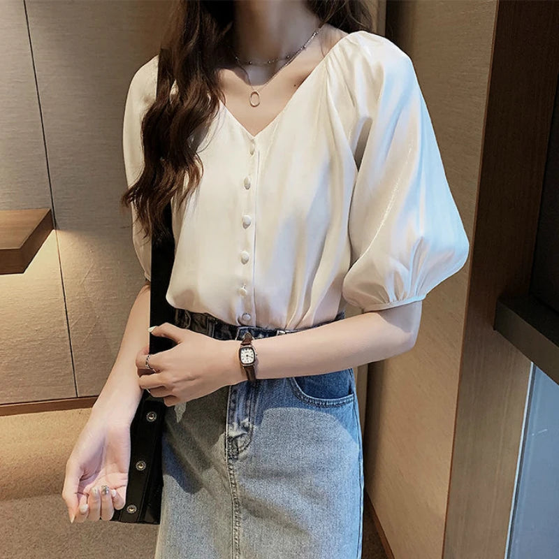 Shirts Women Summer Chiffon M-4XL V-neck Single-breasted Elegant Lantern Sleeve Leisure Korean Style Loose All-match Newest ins