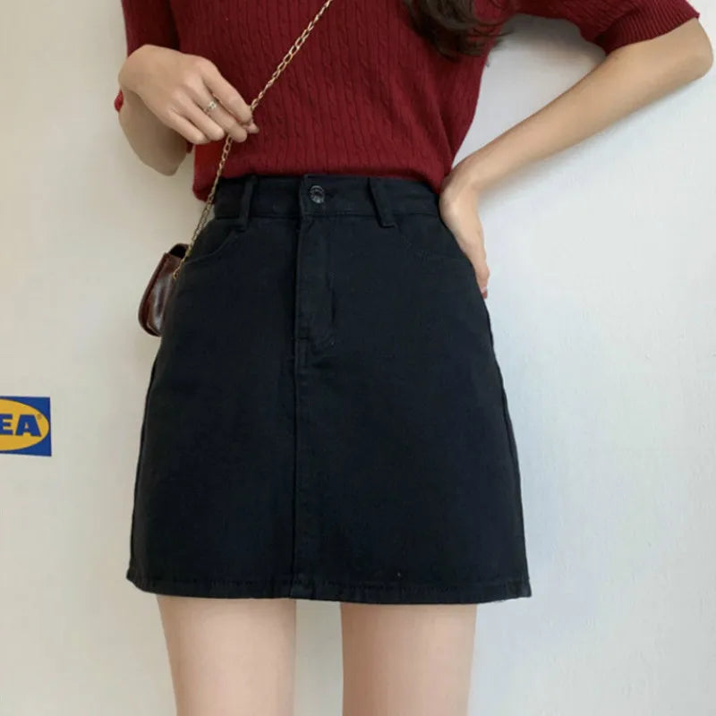 Skirts Women Solid Denim Mini High Elastic Waist Skirt A-line Simple Trendy Summer New Ulzzang Daily Students Cute Pink Leisure
