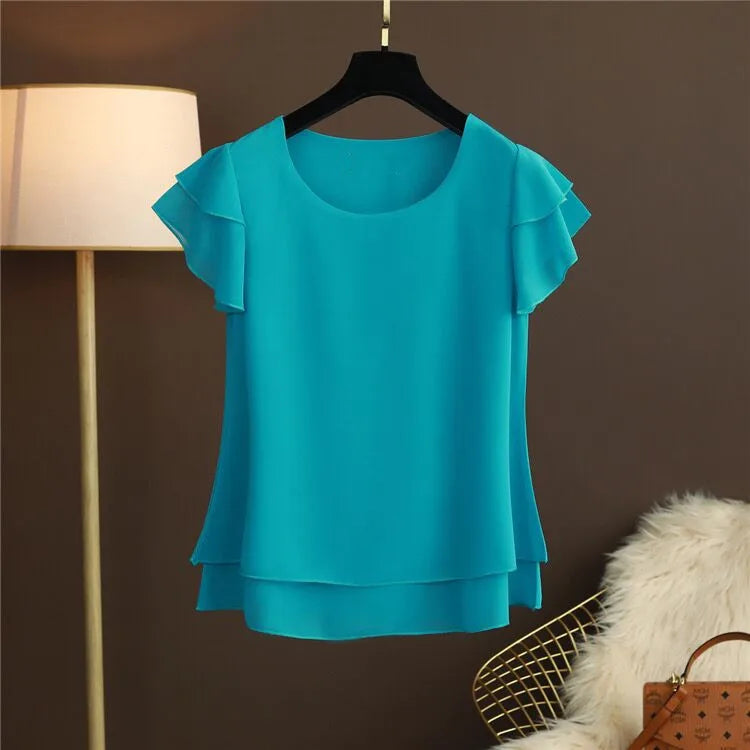 2024 New candy color Shirts womens tops blouses New Summer Women Blouse Loose Shirt O-Neck Chiffon Female Short Sleeve Blouse